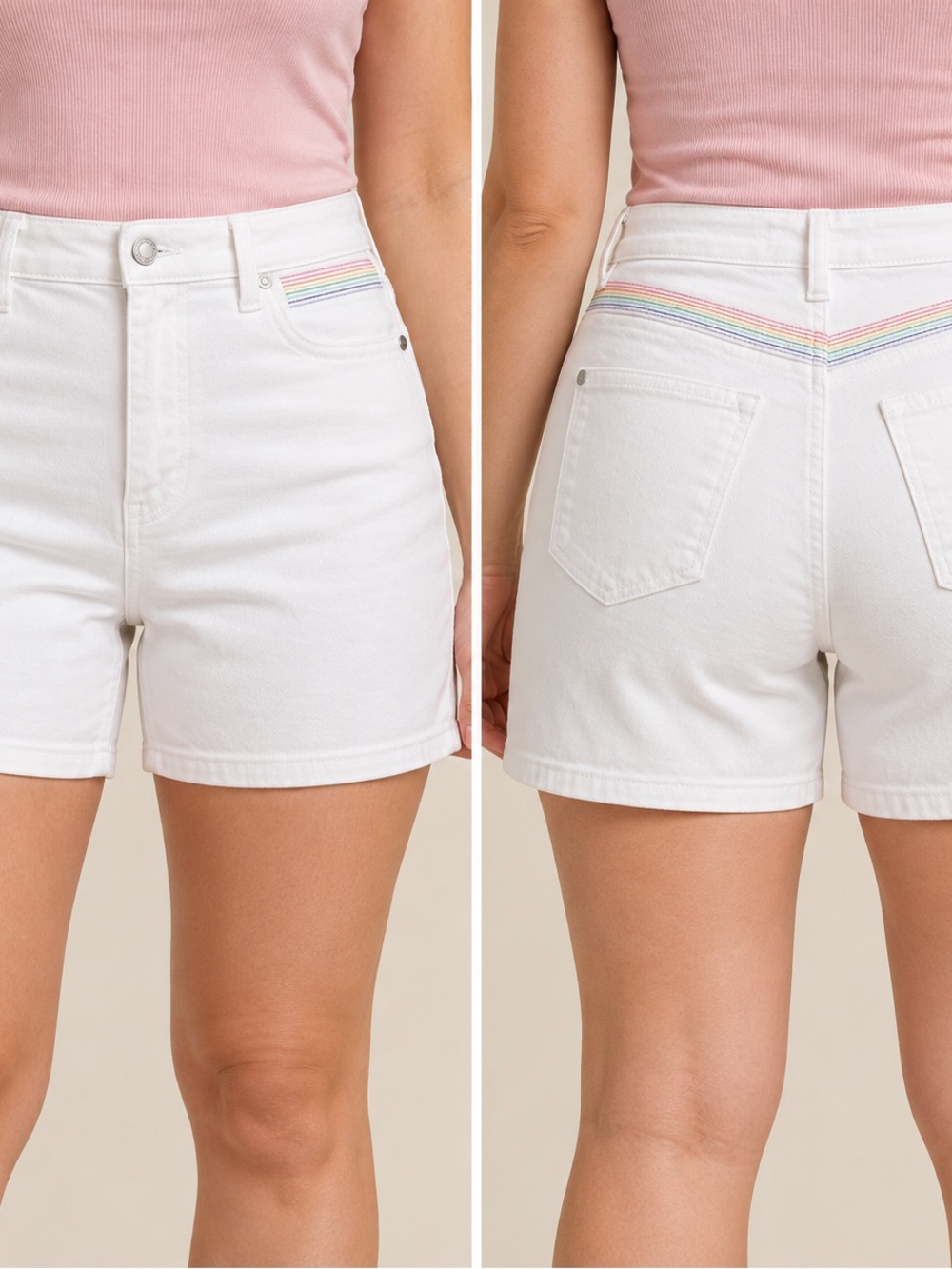 Judy Blue White High-Rise Denim Shorts with Rainbow Stitch Large